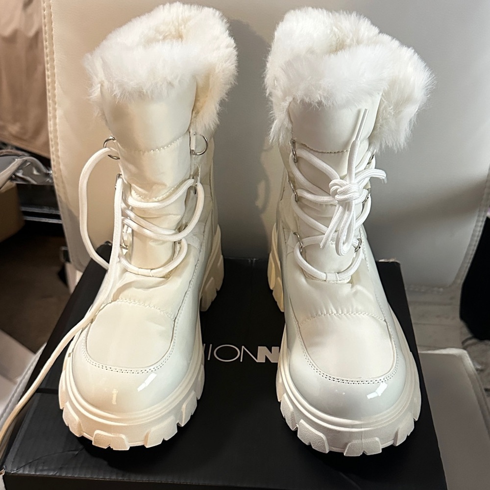 Fashion Nova Cream Fur-Trimmed Winter Boots